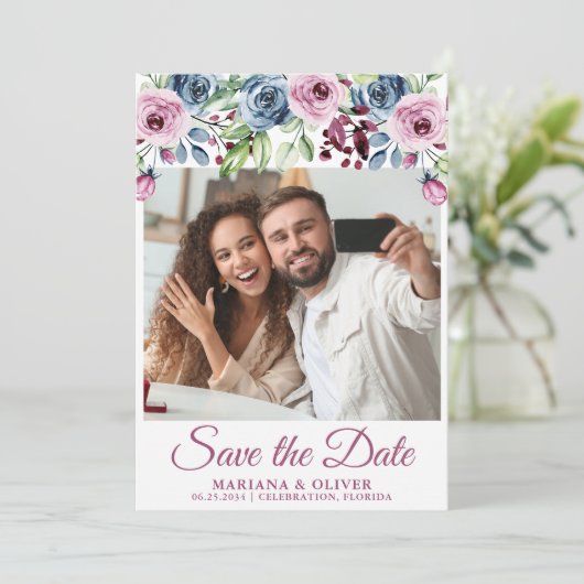 Foto Save the Date Navy Blauwe Bourgondiër Bloem Kaart (Staand voorkant)