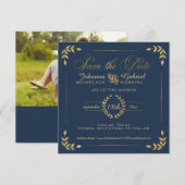 Foto Save the Date, Navy Gold Laurel Leaf Date (Voorkant / Achterkant)
