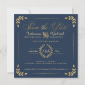 Foto Save the Date, Navy Gold Laurel Leaf Date (Voorkant)