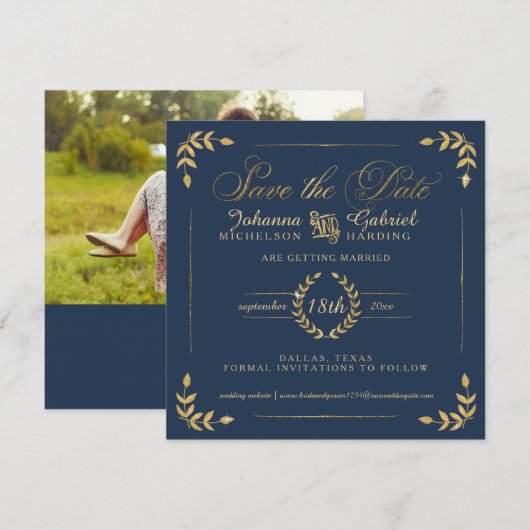 Foto Save the Date, Navy Gold Laurel Leaf Save The Date (Voorkant / Achterkant)