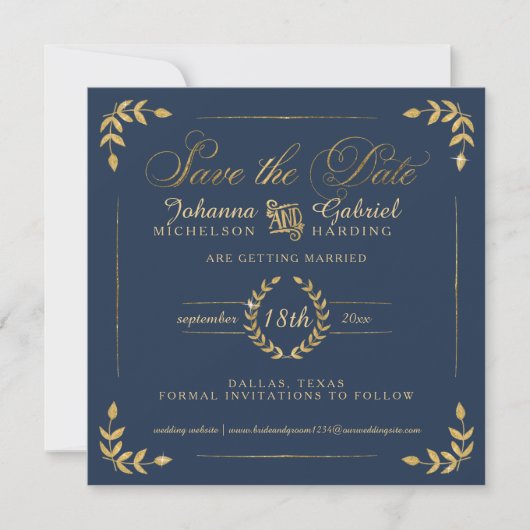 Foto Save the Date, Navy Gold Laurel Leaf Save The Date (Voorkant)