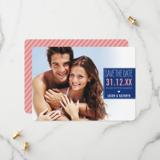 FOTO SAVE THE DATE ombre schuine streep marine kor (Voorkant / Achterkant in situ)