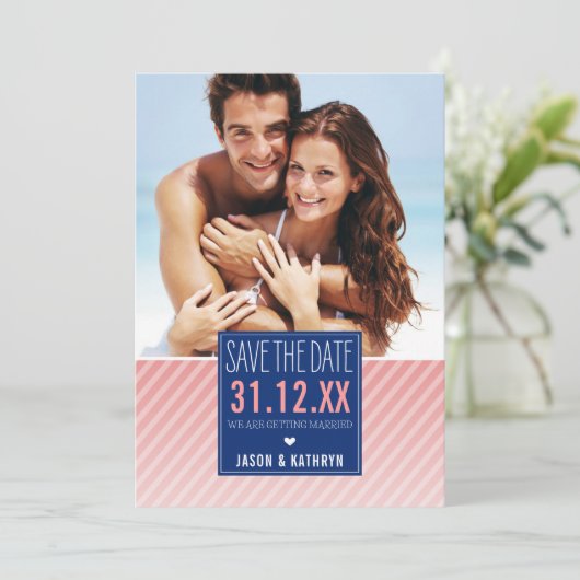 FOTO SAVE THE DATE ombre schuine streep marine kor (Staand voorkant)