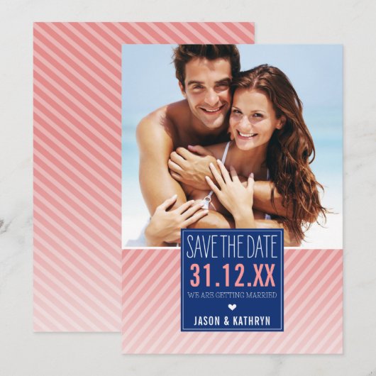 FOTO SAVE THE DATE ombre schuine streep marine kor (Voorkant / Achterkant)