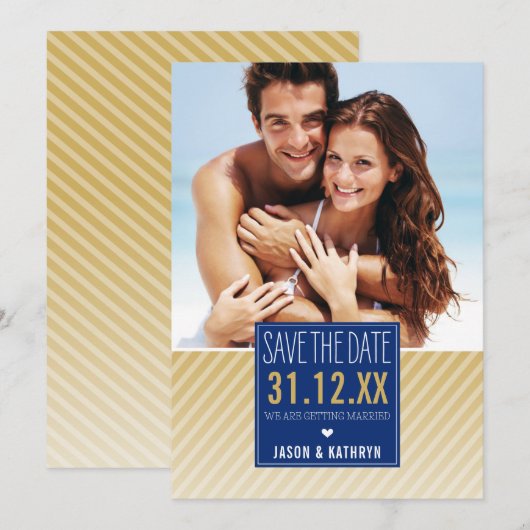 FOTO SAVE THE DATE ombre schuine streep marineblau (Voorkant / Achterkant)