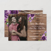 Foto Save The Date Rustieke Houten Paarse Bloemen (Voorkant / Achterkant)