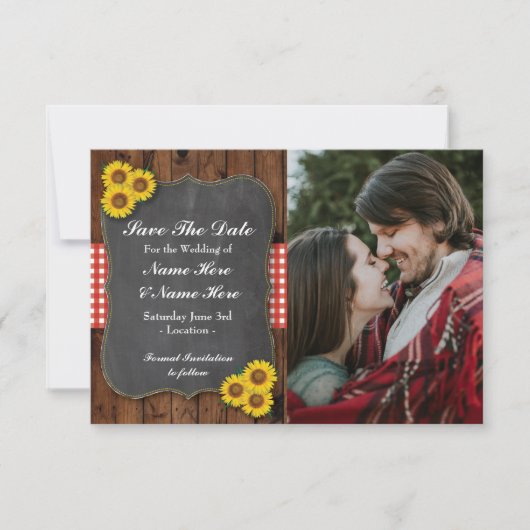 Foto: Save the Date Sunflower Red Chalk Wood Card (Voorkant)