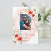 Foto Save the Date Waterverf Bold Coral Flowers Kaart (Staand voorkant)