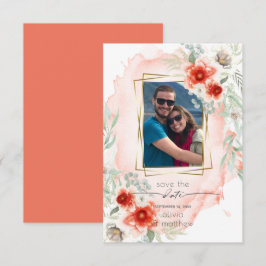 Foto Save the Date Waterverf Bold Coral Flowers Kaart