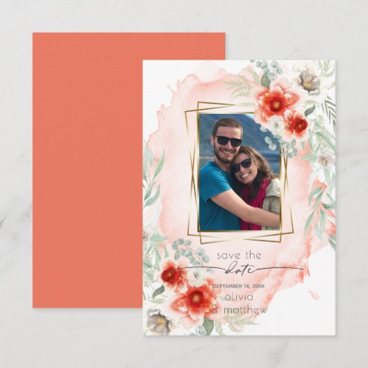 Foto Save the Date Waterverf Bold Coral Flowers Kaart (Voorkant / Achterkant)