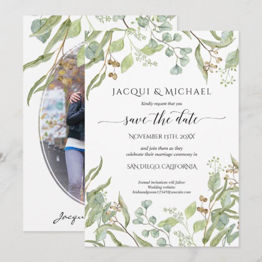 Foto Save the Date Waterverf Eucalyptus Groene Tin Kaart (Voorkant / Achterkant)