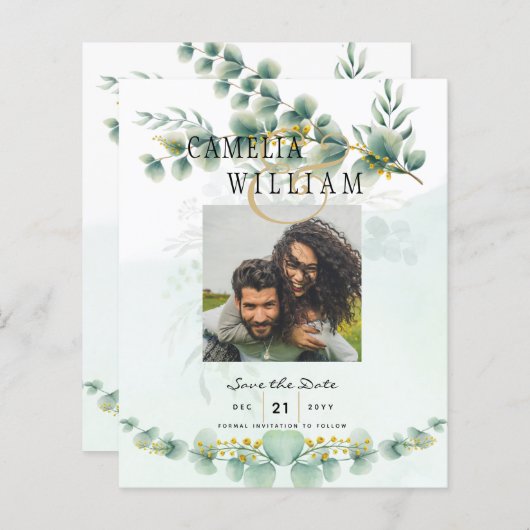 Foto Save the Dates Eucaluptus Gold Modern (Voorkant / Achterkant)