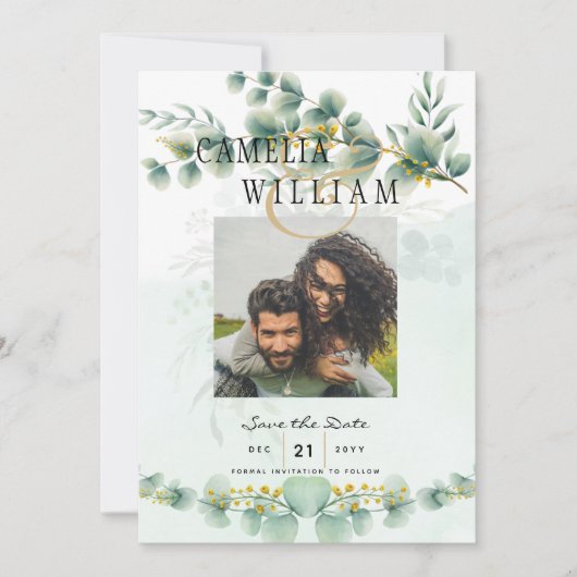 Foto Save the Dates Eucaluptus Gold Modern Kaart (Voorkant)