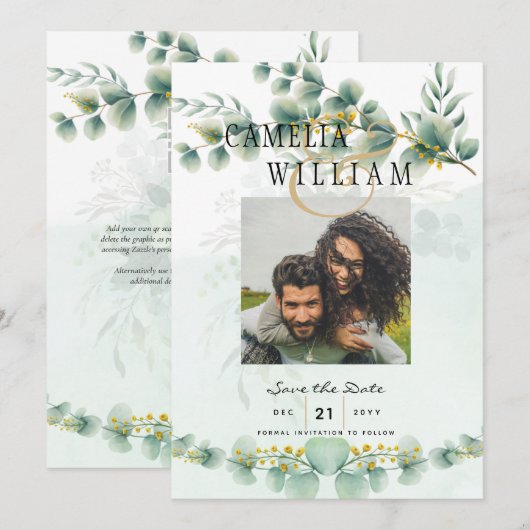 Foto Save the Dates Eucaluptus Gold Modern Kaart (Voorkant / Achterkant)