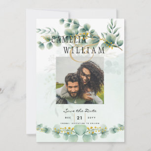 Foto Save the Dates Eucaluptus Gold Modern Kaart
