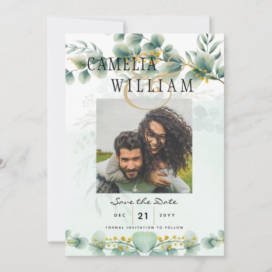 Foto Save the Dates Eucalyptus Goud Modern Kaart (Voorkant)