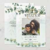 Foto Save the Dates Eucalyptus Goud Modern Kaart (Voorkant / Achterkant)