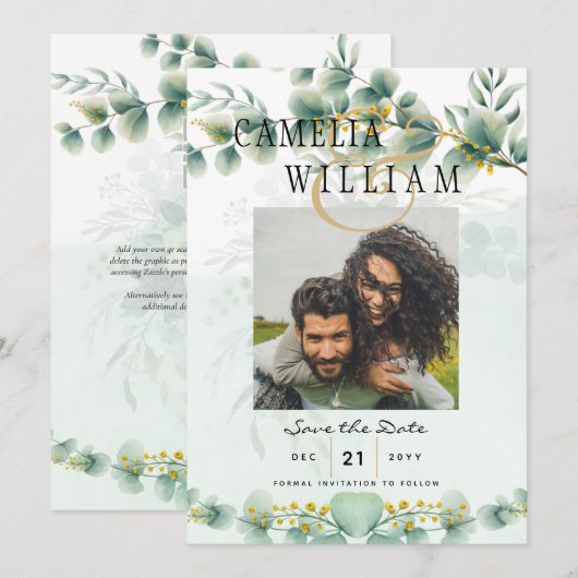 Foto Save the Dates Eucalyptus Goud Modern Kaart (Voorkant / Achterkant)