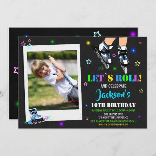 Foto schaatsen verjaardag uitnodiging Roller party (Voorkant / Achterkant)