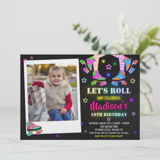Foto schaatsen verjaardag uitnodiging Roller party (Staand voorkant)