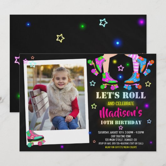 Foto schaatsen verjaardag uitnodiging Roller party (Voorkant / Achterkant)