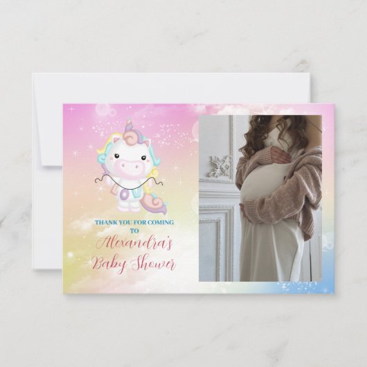 Foto Schattige Eenhoorn Rainbow Baby shower Bedankkaart (Voorkant)