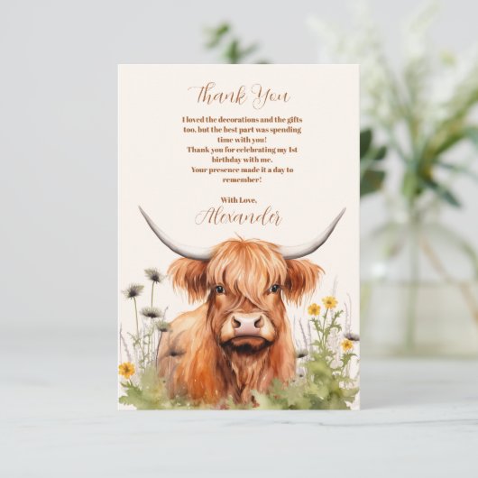 Foto Schattige Highland Koe 1st Birthday Bedankkaart (Staand voorkant)