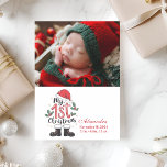 Foto Schattige Santa Baby 1st Christmas Feestdagenkaart<br><div class="desc">Vier de eerste kerst van je pasgeboren baby met deze lieve en feestelijke fotokaart met speelse vakantie-elementen zoals kerstlaarzen, hulst en een rood pet. Ontworpen voor trotse nieuwe ouders, combineert deze schattige lay-out de foto van uw baby met hun geboortegegevens en naam, waardoor een aandenken ontstaat dat de harten nog...</div>