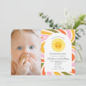 Foto Schattige Zon Kleurrijke Retro Wavy 1e Verjaa Kaart (Staand voorkant)