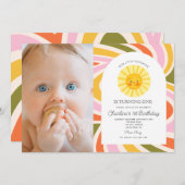 Foto Schattige Zon Kleurrijke Retro Wavy 1e Verjaa Kaart (Voorkant / Achterkant)