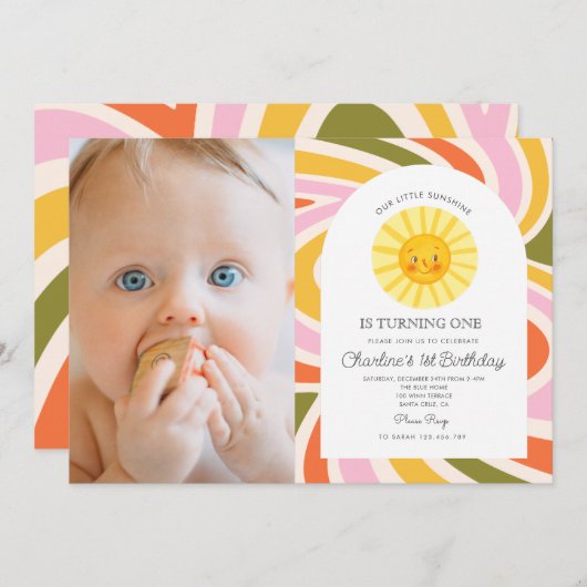 Foto Schattige Zon Kleurrijke Retro Wavy 1e Verjaa Kaart (Voorkant / Achterkant)