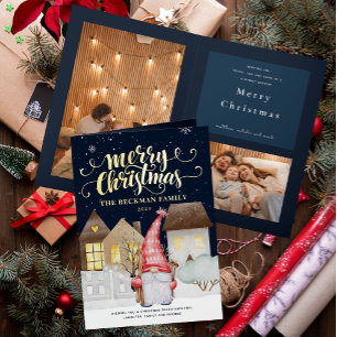 Foto Schattigee kabouters Wintersneeuw Vrolijk ker Folie Feestdagenkaart