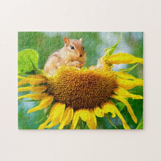 Foto/schilderij van Chipmunk Eating Yellow Sunflow Legpuzzel (Horizontaal)