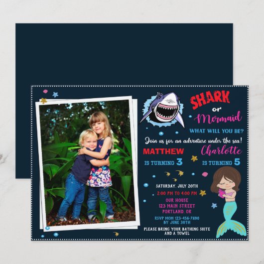 Foto Shark Mermaid verjaardagsuitnodiging Pool par Kaart (Voorkant / Achterkant)