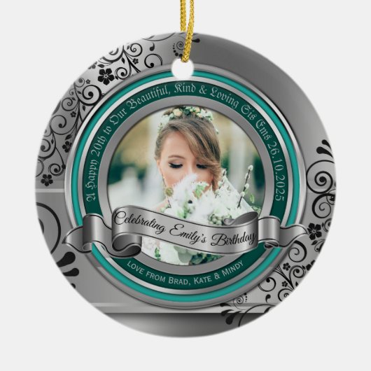 Foto Silver Flourish Elegant Banner Turquoise Keramisch Ornament (Voorkant)
