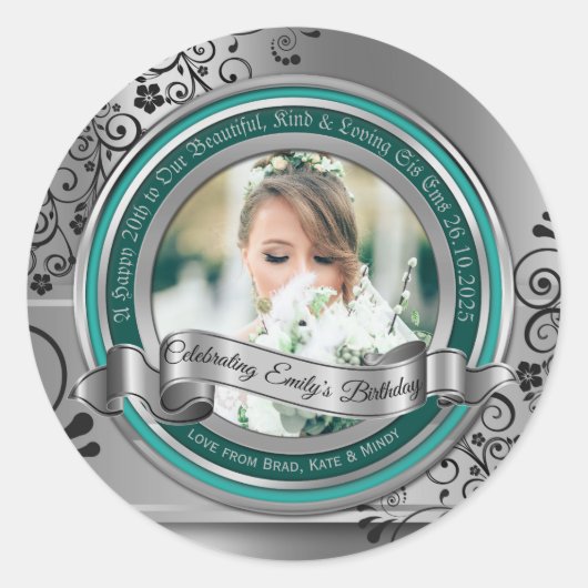 Foto Silver Flourish Elegant Banner Turquoise Ronde Sticker (Voorkant)