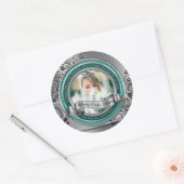Foto Silver Flourish Elegant Banner Turquoise Ronde Sticker (Envelop)