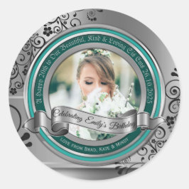 Foto Silver Flourish Elegant Banner Turquoise Ronde Sticker
