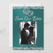 Foto, Silver Hearts & Glitter - Blauwgroen Save The Date (Voorkant)