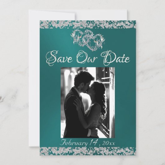 Foto, Silver Hearts & Glitter - Blauwgroen Save The Date (Voorkant)