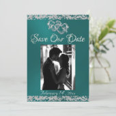 Foto, Silver Hearts & Glitter - Blauwgroen Save The Date (Staand voorkant)