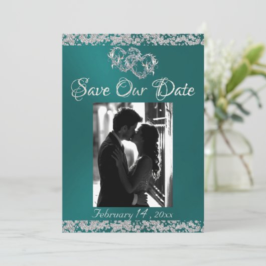 Foto, Silver Hearts & Glitter - Blauwgroen Save The Date (Staand voorkant)