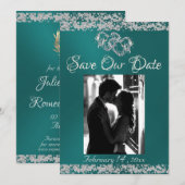 Foto, Silver Hearts & Glitter - Blauwgroen Save The Date (Voorkant / Achterkant)