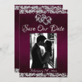 Foto, Silver Hearts & Glitter - Paarse Save The Date (Voorkant / Achterkant)