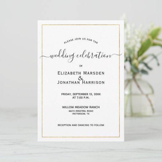 Foto Simple Elegant Script Black and Gold Wedding Kaart (Staand voorkant)