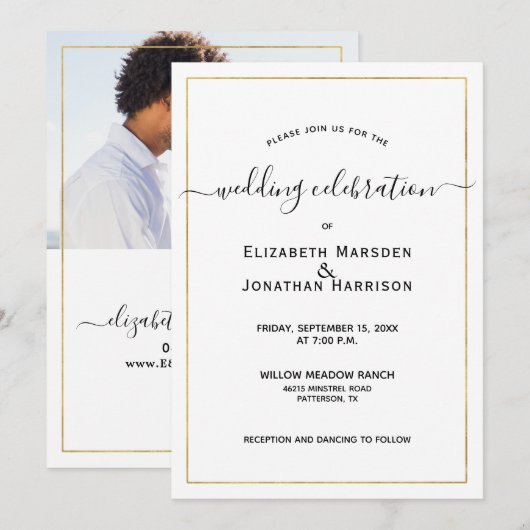 Foto Simple Elegant Script Black and Gold Wedding Kaart (Voorkant / Achterkant)
