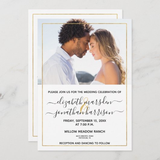 Foto Simple Elegant Script Black and Gold Wedding Kaart (Voorkant / Achterkant)