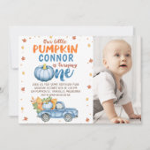 Foto Sinaasappel Blue Little Pumpkin 1st Birthday Kaart (Voorkant)