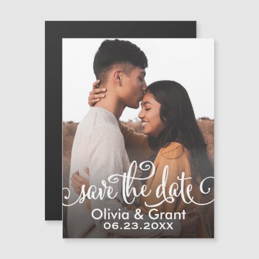 Foto Sla de datum op | Stijlvol script Magnetische Uitnodiging (Voorkant / Achterkant)