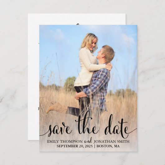 Foto Sla de datumkaarten op, Black Rustic Script Save The Date (Voorkant / Achterkant)